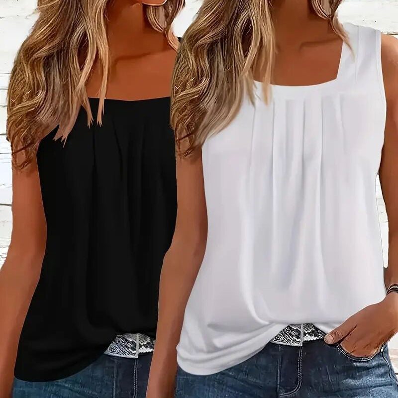 2 Pack Summer Tank Tops For Women Loose Fit Pleated Square Neck Sleeveless Tops